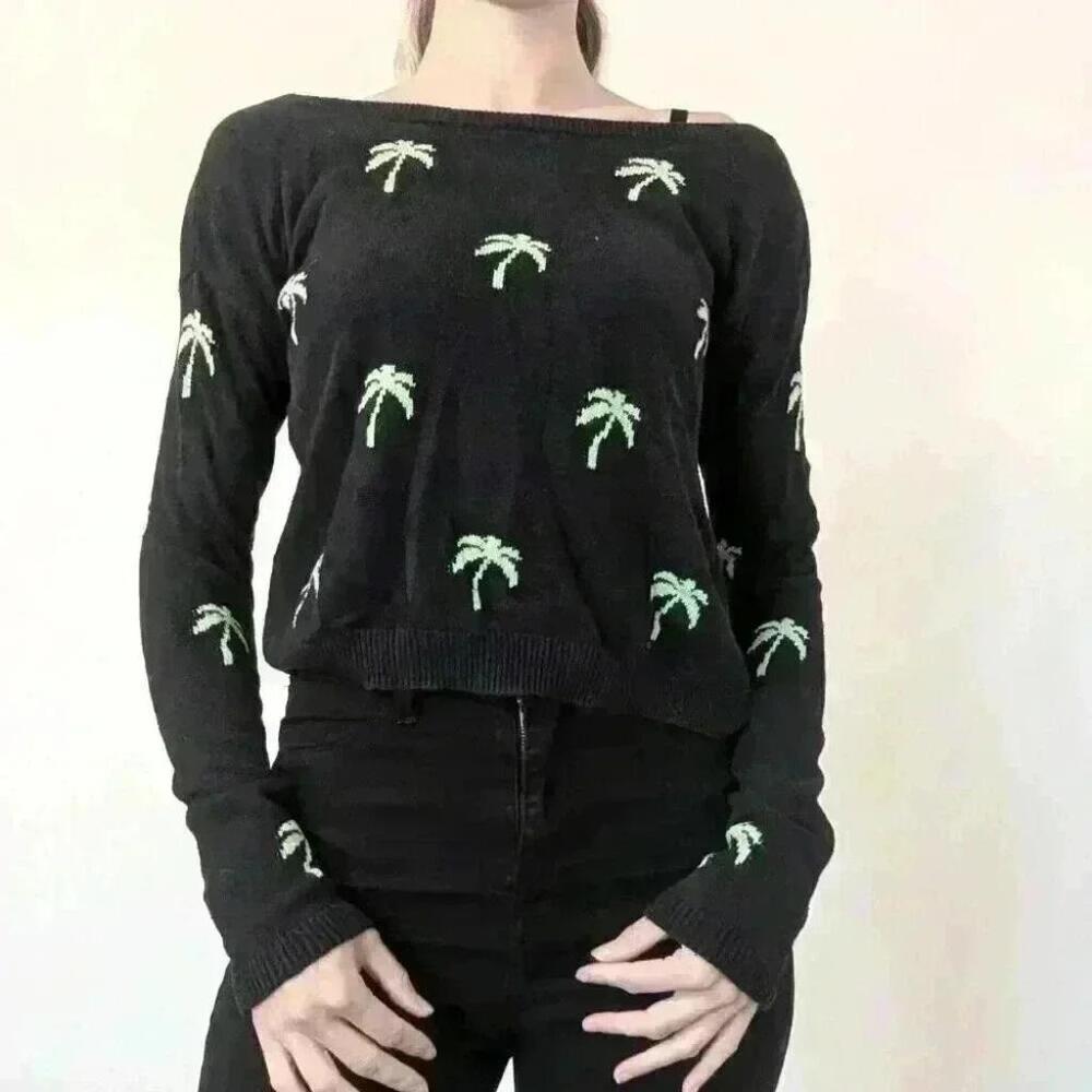 Hollister, Boat Neck , Palm Tree Sweater, Navy And Lime Green, Size Xs
